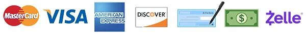 we accept MasterCard, Visa, Amex, Discover, Check, Cash, Zelle